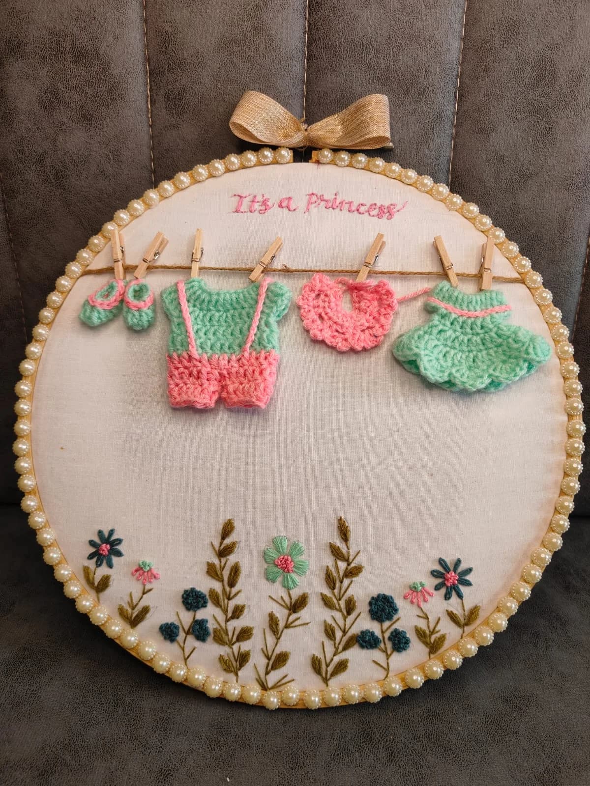 Personalized Baby Shower & Godh Bharai Hand Embroidered Hoop | "It's A Princess" Cute Crochet Design